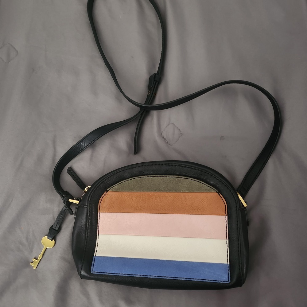 Fossil Serena Crossbody Bag Black Leather Multi Color Stripe Camera Bag ZB7907